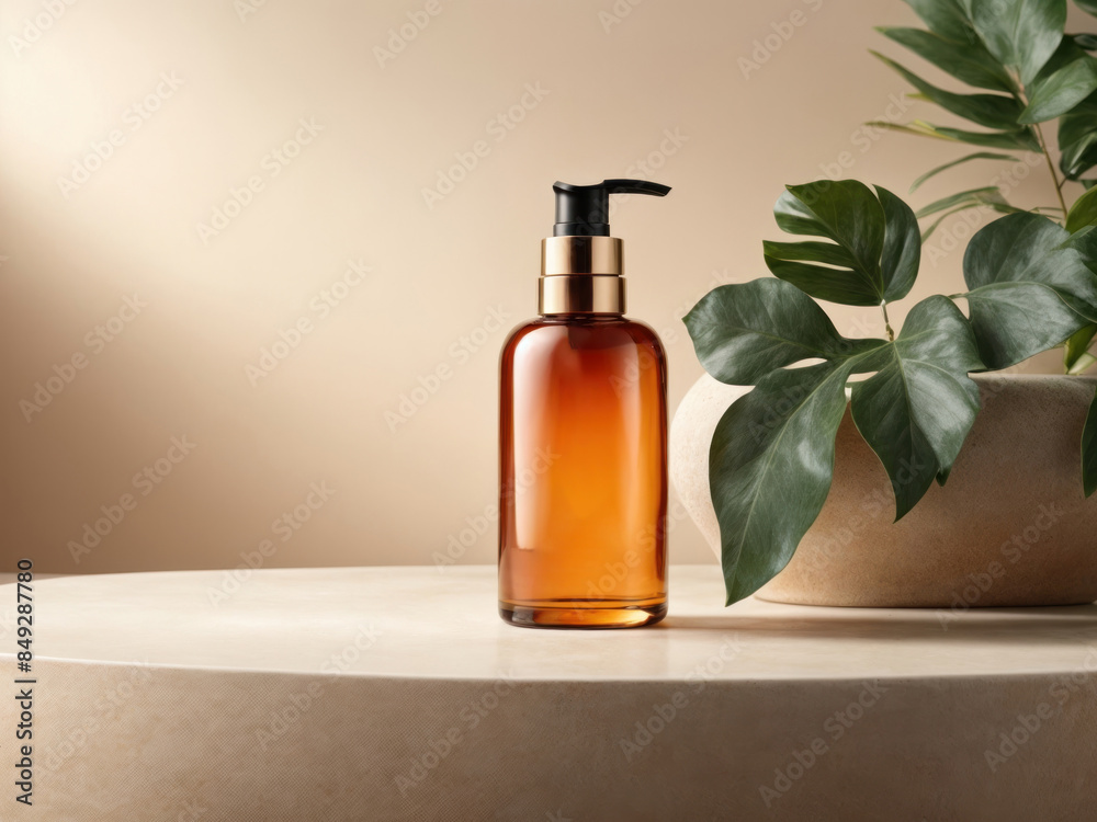 Cosmetic bottle on white stone podium Cosmetic bottle on white stone podium