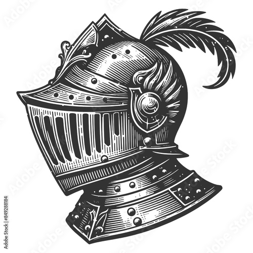 medieval knight helmet, symbolizing chivalry and history sketch engraving generative ai vector illustration. Scratch board imitation. Black and white image.