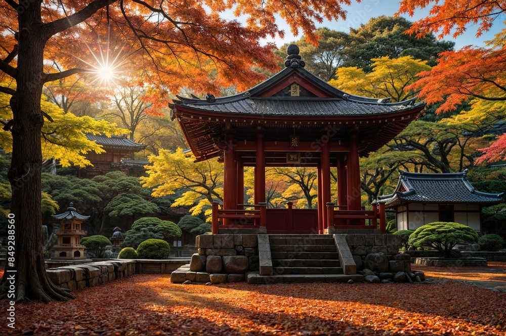 Japanese temple with autumn maple leaves. A peaceful scene of autumn maple leaves in front of a traditional Japanese temple. The red, orange and yellow foliage is illuminated by the warm sunlight Japanese temple with autumn maple leaves. A peaceful scene of autumn maple leaves in front of a traditional Japanese temple. The red, orange and yellow foliage is illuminated by the warm sunlight