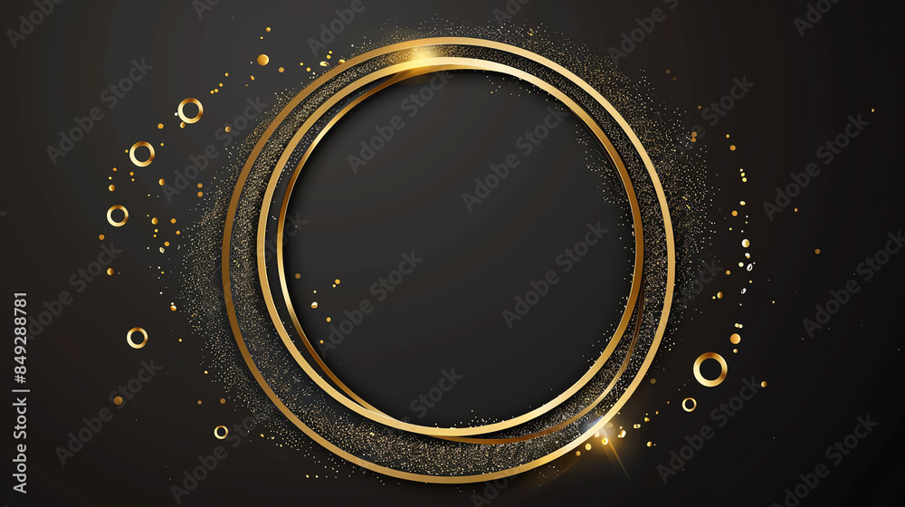 Elegant golden circular frame with sparkling glitter effects on a dark background, perfect for luxurious and premium design elements. Elegant golden circular frame with sparkling glitter effects on a dark background, perfect for luxurious and premium design elements.