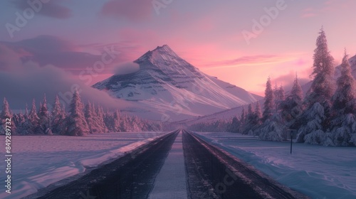 snow covered winter snowy mountains landscape with the snowy road