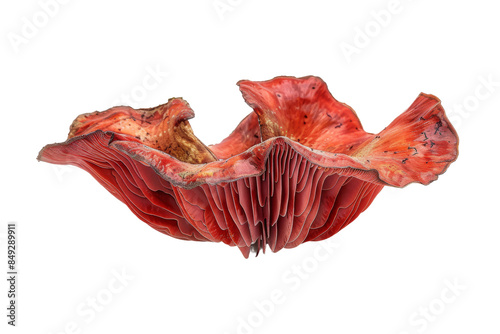 A close up photo of a red and orange mushroom cap isolated against a white background photo