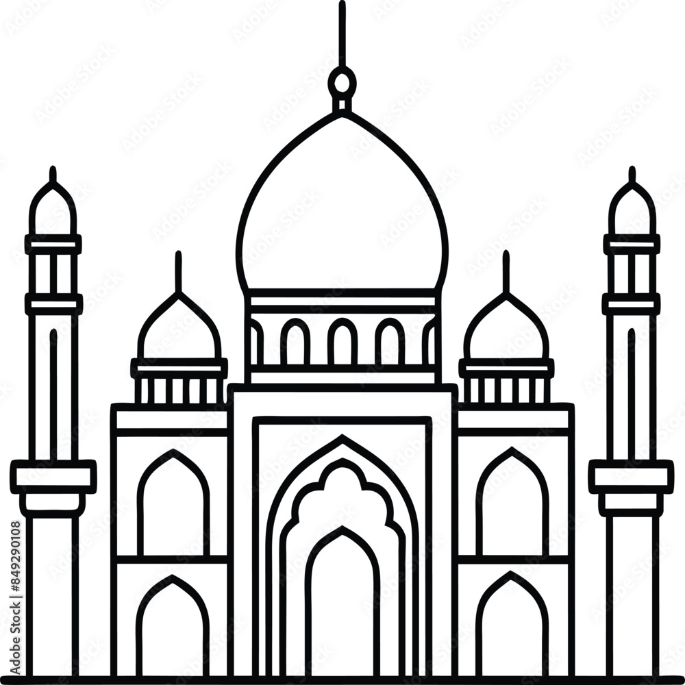 Mosque coloring pages. Outline minaret and dome mosque vector design isolated on white background