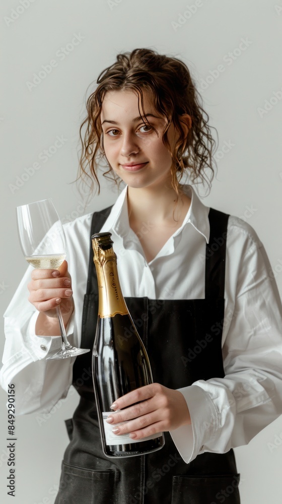 A female tavern employee opened a bottle of champagne and served it alone. A female tavern employee opened a bottle of champagne and served it alone.