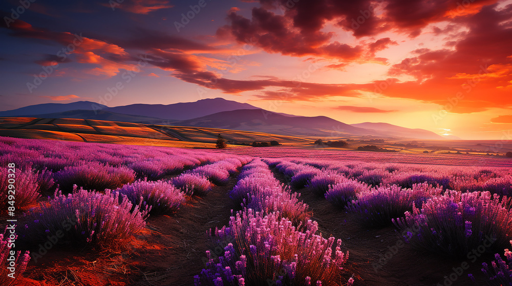 Wonderful scenery, amazing summer landscape of blooming lavender flowers, peaceful sunset view, agriculture scenic. Beautiful nature background Wonderful scenery, amazing summer landscape of blooming lavender flowers, peaceful sunset view, agriculture scenic. Beautiful nature background