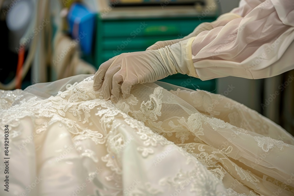Dry Cleaner Meticulously Handling Wedding Gown for Perfect Preservation and Cleaning Dry Cleaner Meticulously Handling Wedding Gown for Perfect Preservation and Cleaning