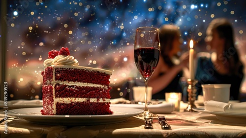 Elegant dining scene with red velvet cake, a glass of wine, and two people in the background under a starry night sky ambiance. photo