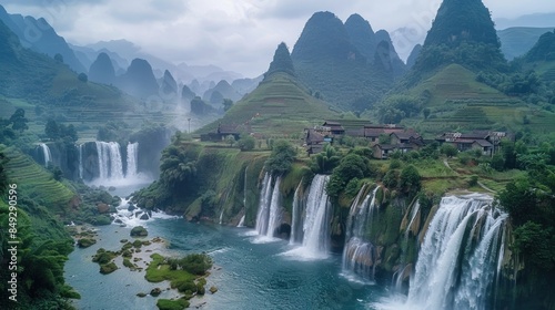 Waterfalls Cascading Through Lush Green Mountains in Vietnam