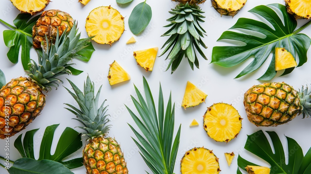 Fresh Pineapples and Tropical Leaves Flat Lay. Sliced Pineapples with Green Tropical Foliage