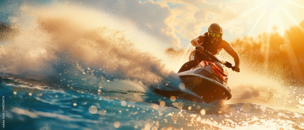 A jet skier riding a wave with water splashing dramatically, representing adventure and thrill. A jet skier riding a wave with water splashing dramatically, representing adventure and thrill.