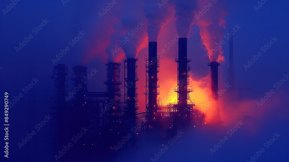 Industrial factory with smoke stacks emitting pollution, illuminated with orange and red hues against a dark, foggy background at night.