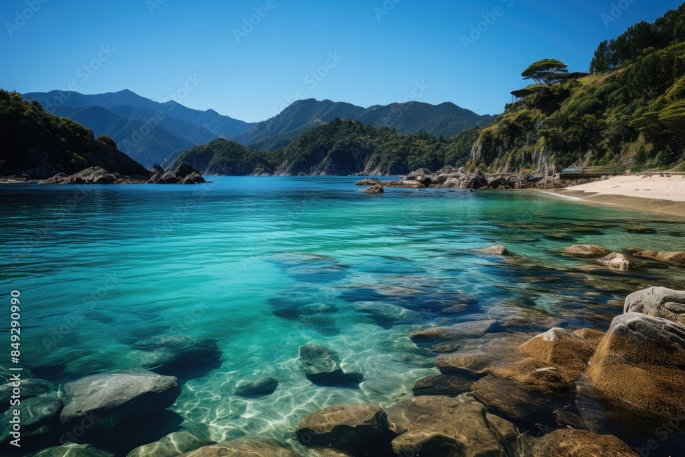 Golden paradise by the sea in Marahau, New Zealand., generative IA Golden paradise by the sea in Marahau, New Zealand., generative IA