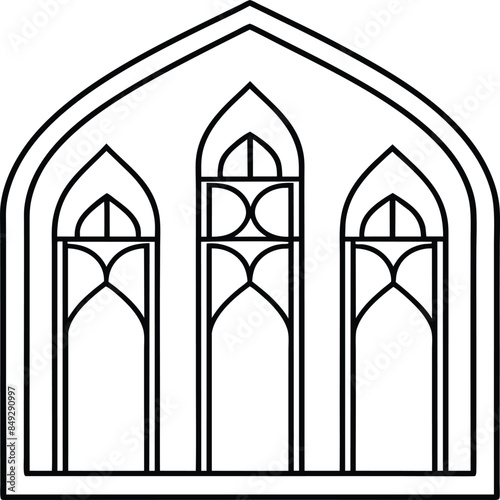 Mosque coloring pages. Outline minaret and dome mosque vector design isolated on white background