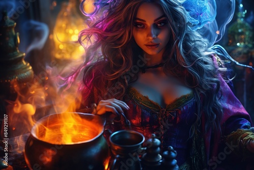At a Halloween concert, a fantasy woman conjures over a cauldron, reads a spell, black magic smoke from a boiling vat. A gothic sexy girl. Forest trees, dark autumn nature photo