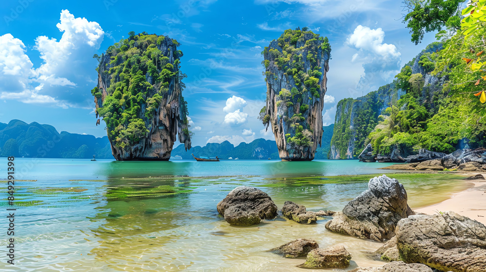 Obraz premium Scenic view of tropical island with limestone cliffs, crystal clear water, and sandy beach under a bright blue sky with fluffy clouds.