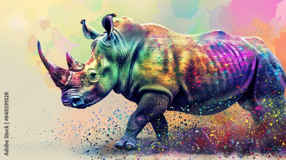 Obraz premium Craft an engaging stock photo that celebrates the natural world with an abstract rhinoceros illustration rendered in vibrant colors and pointillism style, inspiring awe.