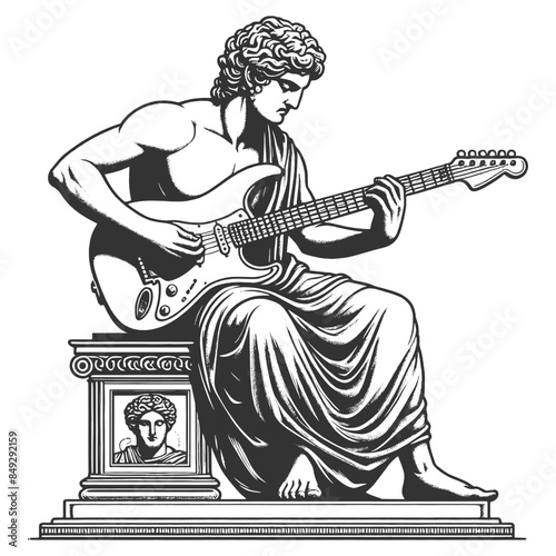classical statue playing an electric guitar, ancient art with modern music sketch engraving generative ai fictional character vector illustration. Scratch board imitation. Black and white image.