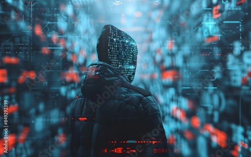 Hacker with digital abstract network background. Dark web, hacker attack, virus infected software and cyber security concept. Data thief, internet fraud. Hooded anonymous programmer photo