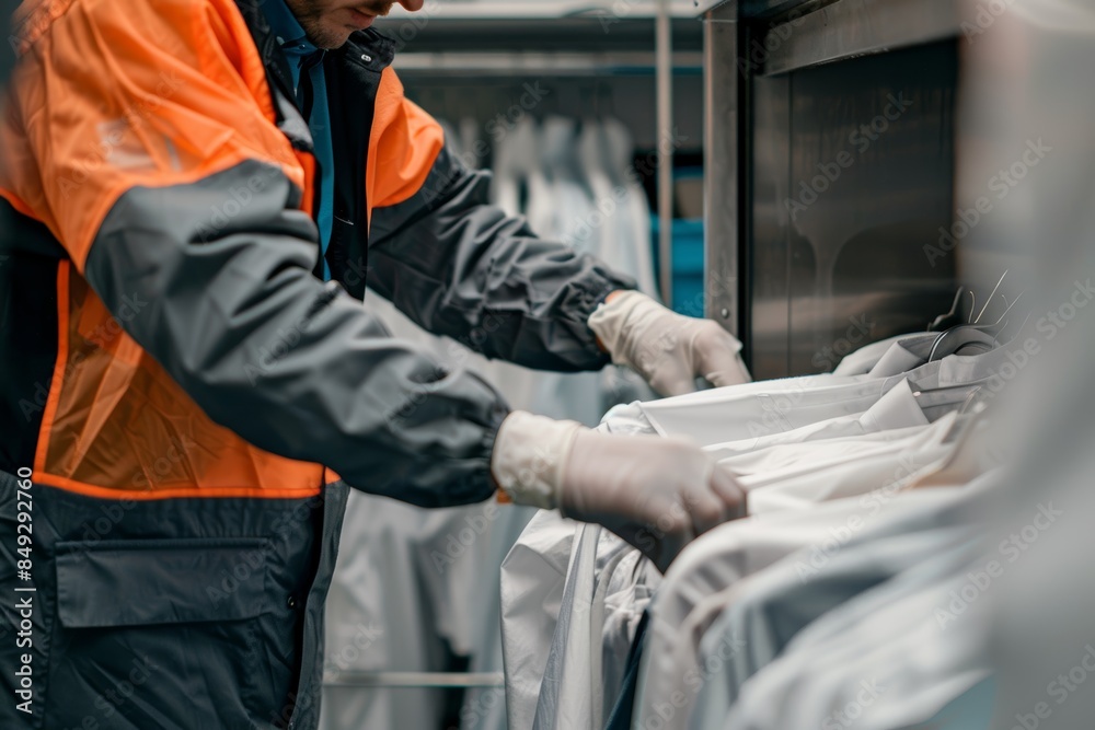 Professional Dry Cleaner in Protective Gear Handling Garments - Emphasis on Safety and Care Professional Dry Cleaner in Protective Gear Handling Garments - Emphasis on Safety and Care