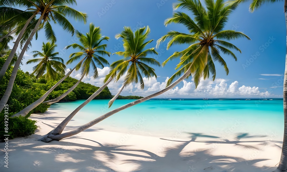 tropical beach featuring leaning palm trees and clear blue water tropical beach featuring leaning palm trees and clear blue water