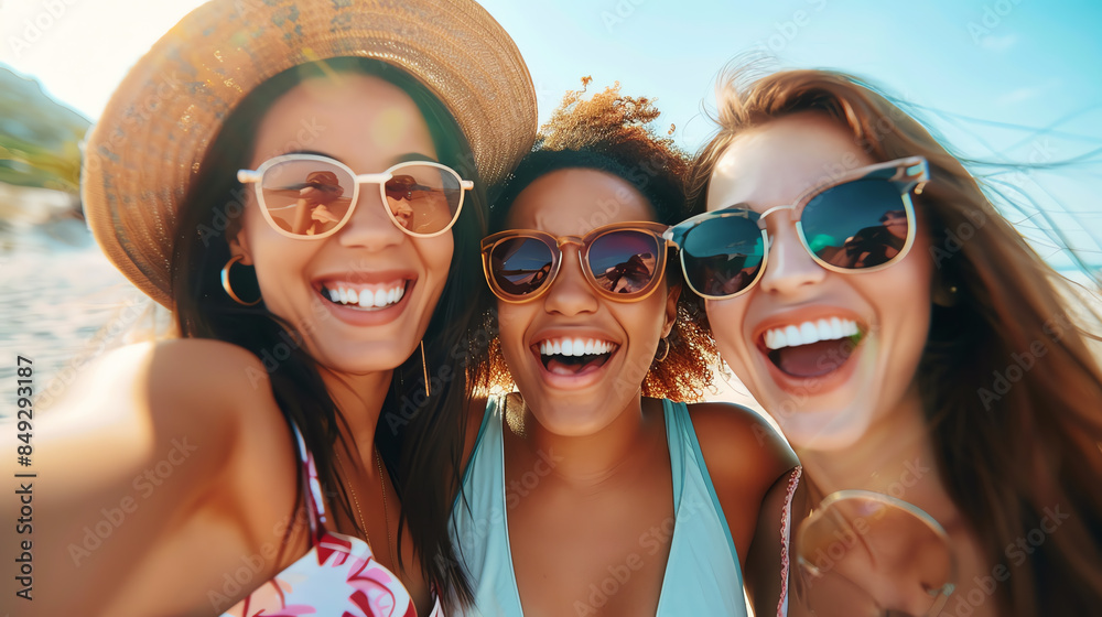 Three happy friends enjoying a sunny day on the beach, wearing sunglasses and smiling brightly at the camera. Three happy friends enjoying a sunny day on the beach, wearing sunglasses and smiling brightly at the camera.
