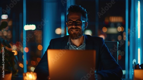 A man is sitting at a desk with a laptop in front of him. He is smiling and he is enjoying himself photo