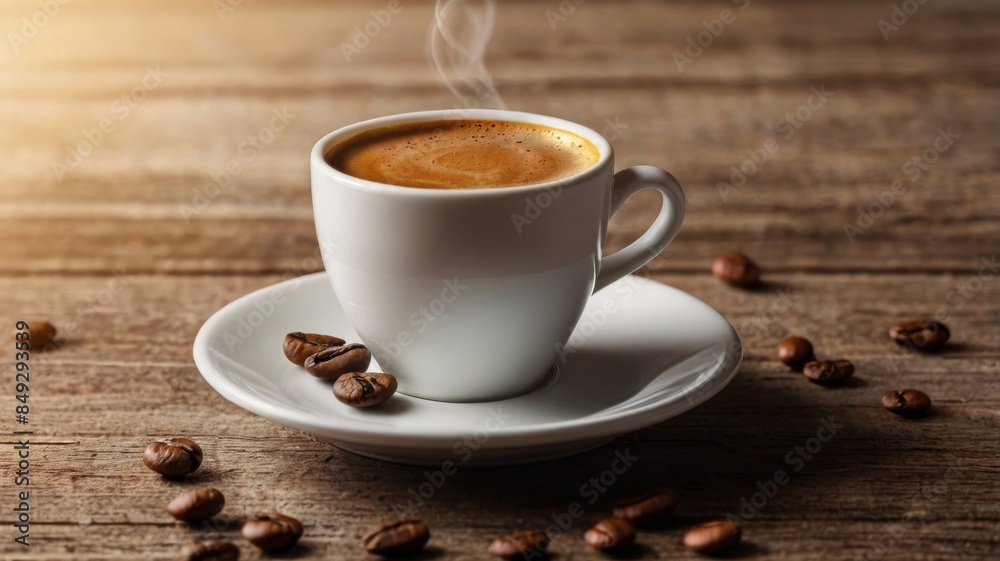 Cup of coffee with beans and cinnamon on table, fresh and aromatic morning drink Cup of coffee with beans and cinnamon on table, fresh and aromatic morning drink