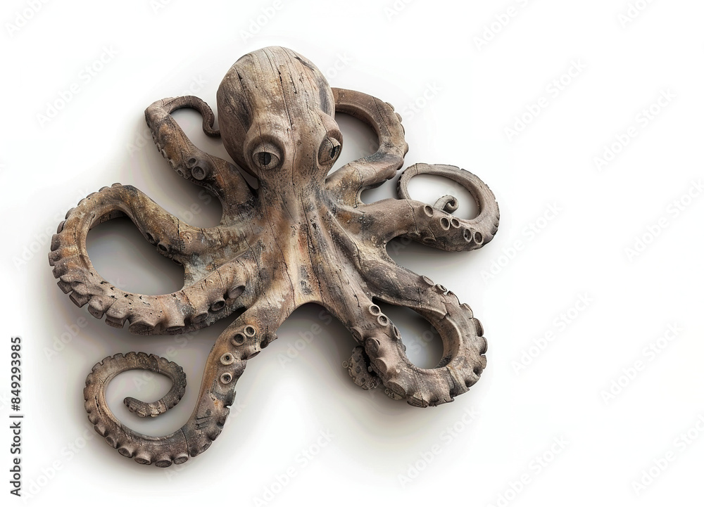 Obraz premium A wooden octopus sculpture with intricate details and a weathered look. Animals.