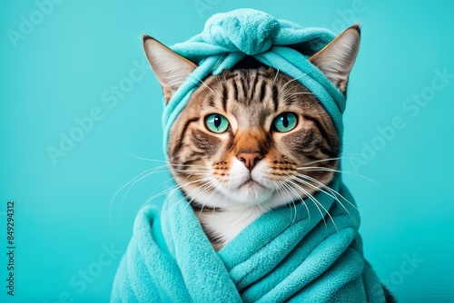 A Ginger Cat Wearing A Blue Towel Around Its Body And A Blue Towel On Its Head Like A Turban, Curious And Attentive. It Is Standing On A Blue Background. The Cat Is Clean And Well-groomed, And The Tow