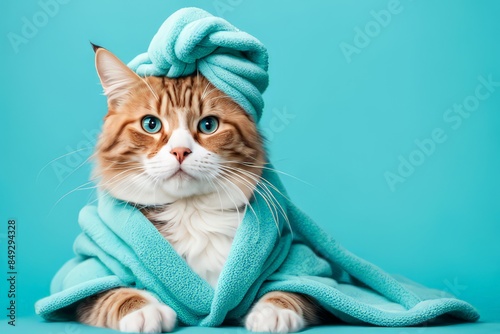 A Ginger Cat Wearing A Blue Towel Around Its Body And A Blue Towel On Its Head Like A Turban, Curious And Attentive. It Is Standing On A Blue Background. The Cat Is Clean And Well-groomed, And The Tow