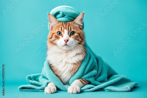 A Ginger Cat Wearing A Blue Towel Around Its Body And A Blue Towel On Its Head Like A Turban, Curious And Attentive. It Is Standing On A Blue Background. The Cat Is Clean And Well-groomed, And The Tow