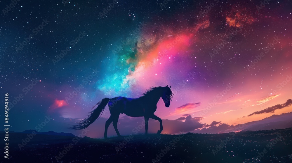 Craft an eye-catching stock photo that celebrates the magic of nature, featuring a majestic rainbow horse set against a serene, starlit night sky. Craft an eye-catching stock photo that celebrates the magic of nature, featuring a majestic rainbow horse set against a serene, starlit night sky.