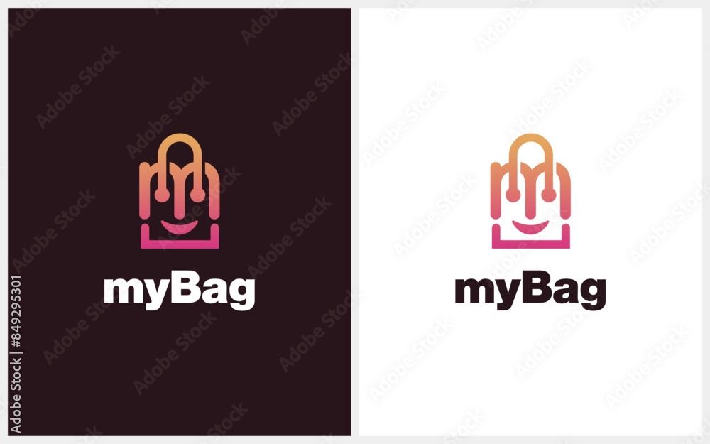 Letter M tote bag logo vector. Abstract combination of a cute tote bag and the letter M forming a smiling face inside. Letter M tote bag logo vector. Abstract combination of a cute tote bag and the letter M forming a smiling face inside.