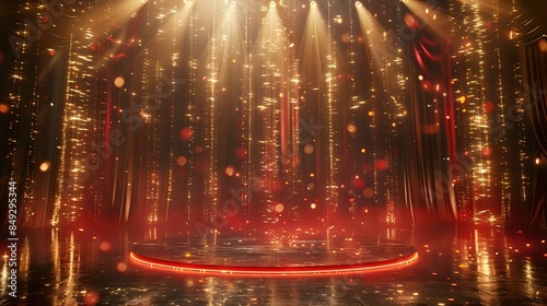 an elegant view of award stage with red and golden light rays and sparks,a beautiful background