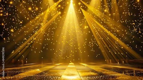 an elegant view of award stage with yellow light rays and sparks,a beautiful background