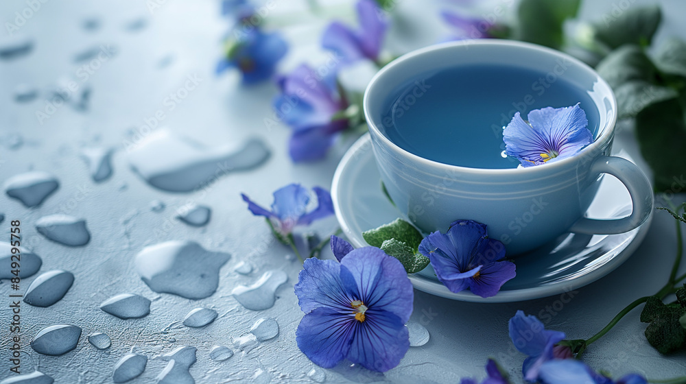A cup of blue matcha tea with butterfly pea flowers on plain white background, a big copy space. A cup of blue matcha tea with butterfly pea flowers on plain white background, a big copy space.