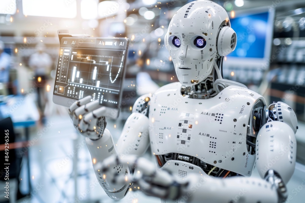Fototapeta premium AI Robot in High Tech Factory, Advanced Artificial Intelligence Technology, Futuristic Industrial Automation, Modern Tech Elements, Professional Environment.