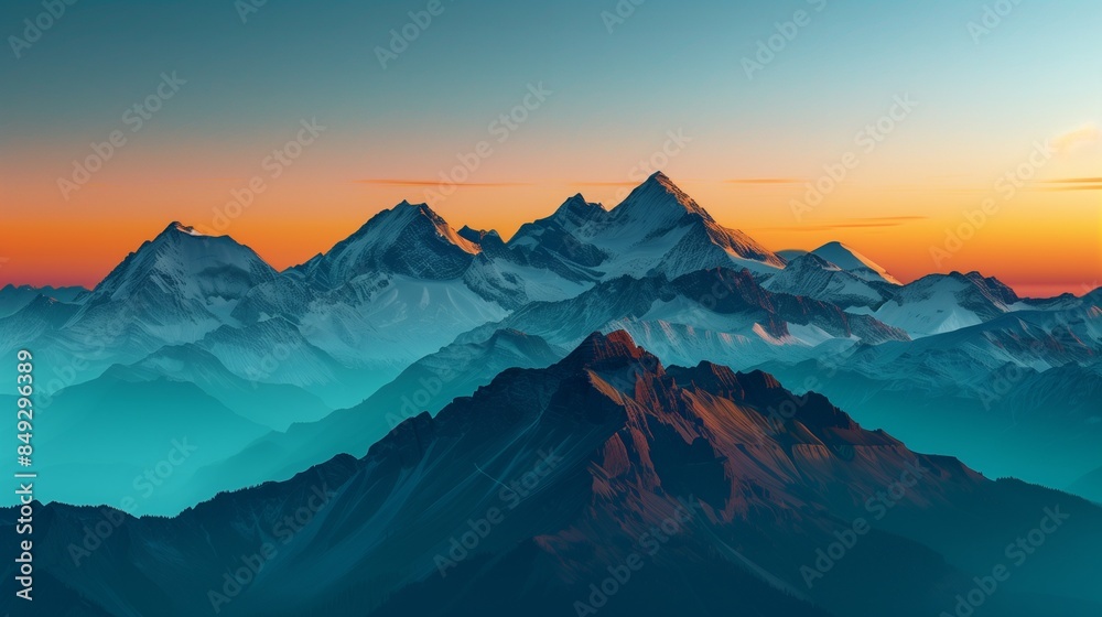 A majestic mountain range during sunrise, the peaks covered in snow, and the sky filled with a gradient from deep blue to warm orange. A majestic mountain range during sunrise, the peaks covered in snow, and the sky filled with a gradient from deep blue to warm orange.