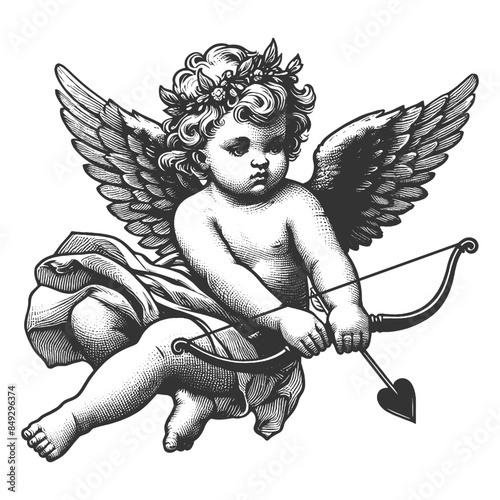 Cupid angel holding a bow and arrow, love and romance in detailed line art sketch engraving generative ai fictional character vector illustration. Scratch board imitation. Black and white image.