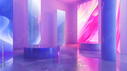 Interior with an abstract violet neon background