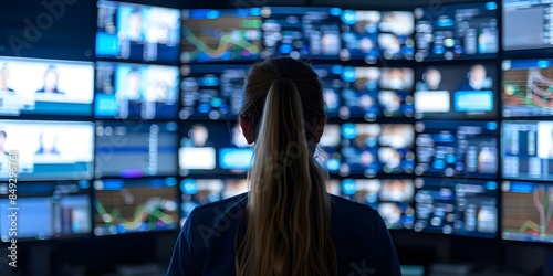 Focused female security camera operator monitors screens in hightech surveillance room. Concept Surveillance Technology, Security Monitoring, Female Operator, High-Tech Room, Screen Monitoring