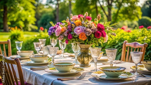 A beautifully set outdoor table adorned with elegant floral centerpieces, fine china, and sparkling glassware, ready for an al fresco dining experience.