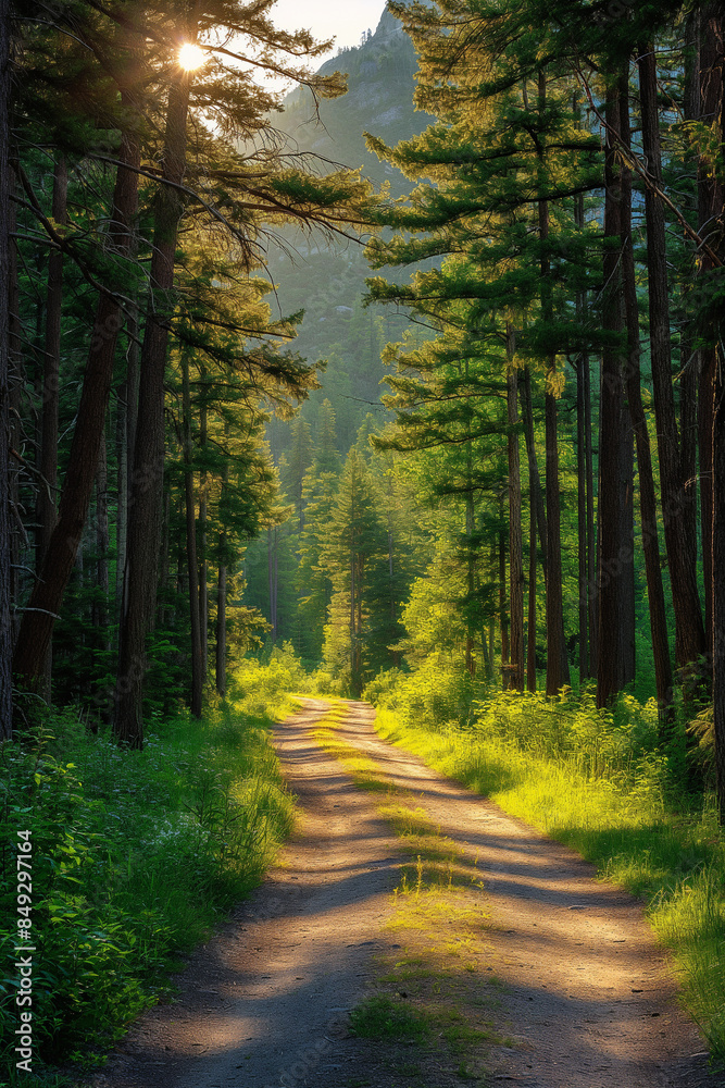 Fototapeta premium landscape with a forest road in the summer, path in the woods, sunlight through the trees, grassy areas, photorealistic // ai-generated 