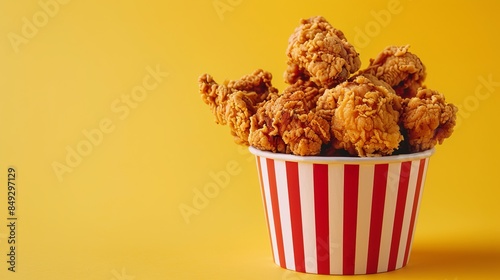 Crispy fried chicken pieces in a red and white striped bucket on a vibrant yellow background. Perfect for fast food ads, menus, and promotional materials. Bold color contrasts are eye-catching. AI
