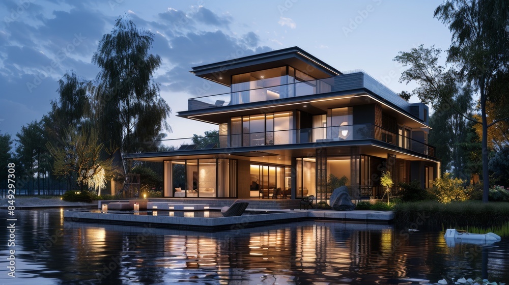 3d rendering of modern house by the river at morning, house, luxury, villa, modern, architecture, building, exterior, residential, property, designer 3d rendering of modern house by the river at morning, house, luxury, villa, modern, architecture, building, exterior, residential, property, designer