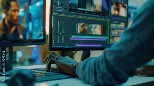 A video editor's hands skillfully manipulate clips on a timeline within editing software, meticulously trimming and rearranging footage to create a captivating narrative. photo