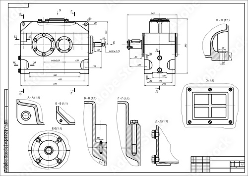 Assembly drawing of reducer. Vector drawing of steel mechanical device with shaft, gear, 
electric engine, bolted connection and dimension lines. Engineering cad scheme. Technical template. 