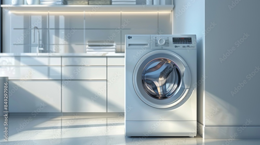 A sleek, modern washing machine in a minimalist laundry room with clean lines and contemporary design A sleek, modern washing machine in a minimalist laundry room with clean lines and contemporary design