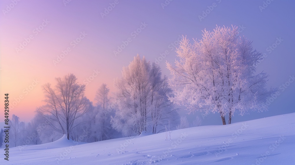 A peaceful, snow-covered landscape with a gradient winter sky from icy blue to soft purple, highlighting the frosted trees. A peaceful, snow-covered landscape with a gradient winter sky from icy blue to soft purple, highlighting the frosted trees.