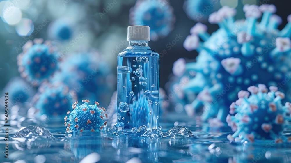 Blue Solution Bottle Against Virus Background Blue Solution Bottle Against Virus Background